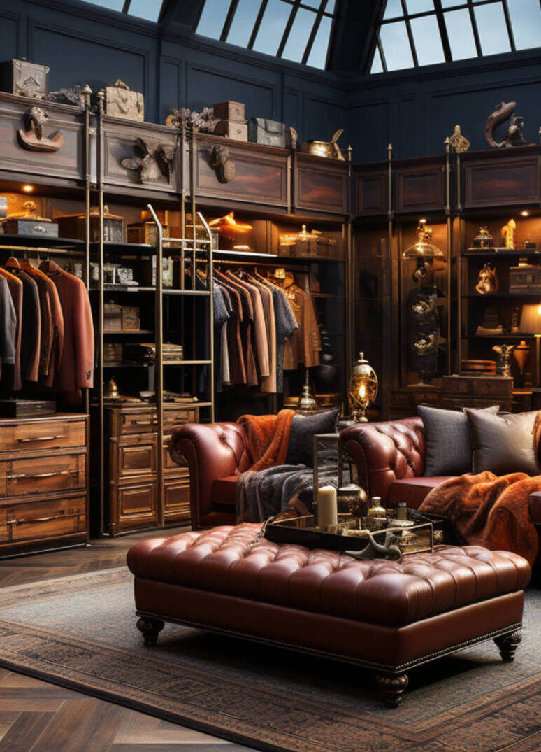 Interior of a luxury male wardrobe full of expensive suits. Gene Interior of a luxury male wardrobe full of expensive suits. Generative ai