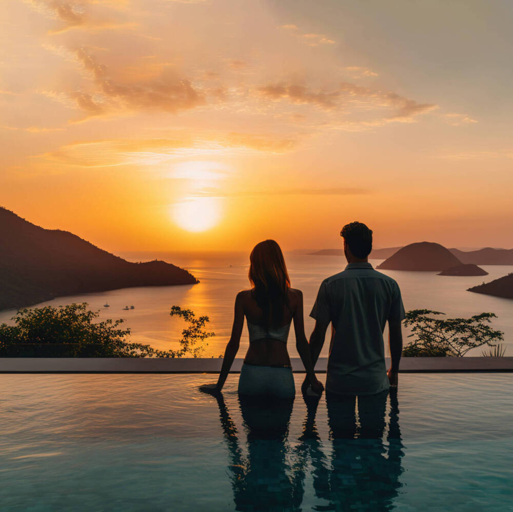 Loving couple of young people watching the sunset on a luxury va Loving couple of young people watching the sunset on a luxury vacation.